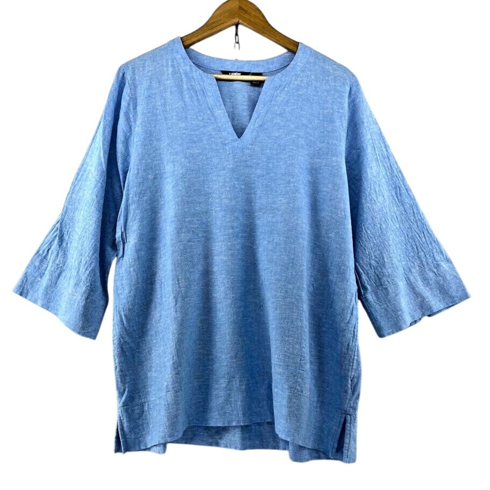 Lands' End Women's Spilt Neck‎ 3/4 Sleeve Tunic Top Blue Size Large Linen Blend